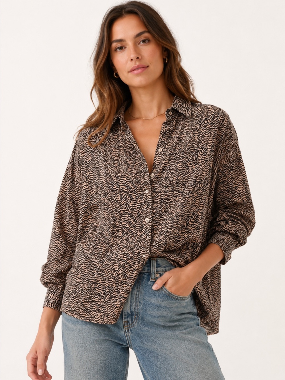 Saltwater Luxe Blouse Small Sheer Animal Print Button Front Boho NWT Flowy Top